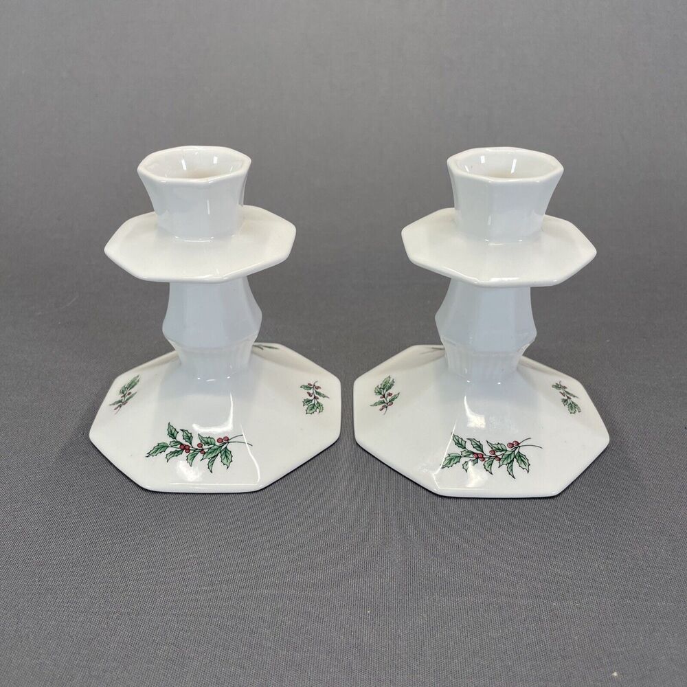 Nikko Christmastime Candlestick Holders 3 7/8" Set of 2 Holly and Berries